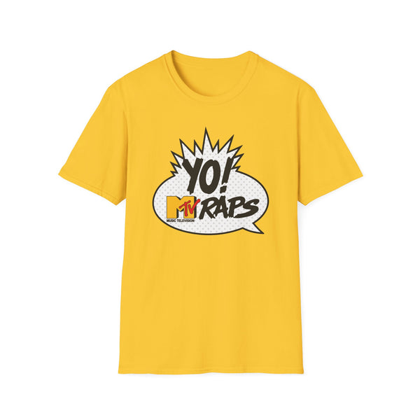Yellow t-shirt with a comic bubble graphic featuring "YO! MTV RAPS MUSIC TELEVISION".