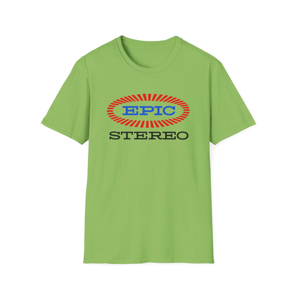 Green t-shirt with "EPIC STEREO" text logo on the front.