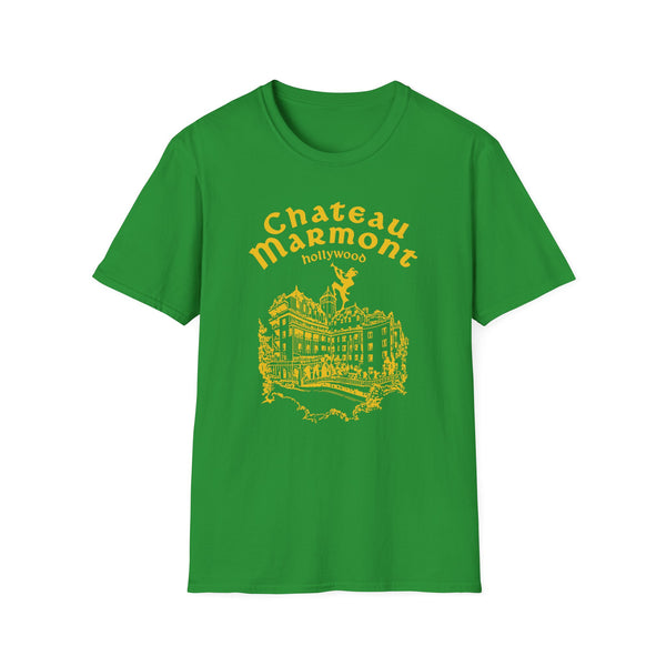 Green t-shirt with yellow Chateau Marmont Hollywood logo and building graphic.