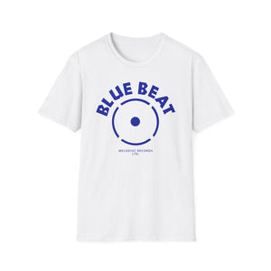 White t-shirt with blue "BLUE BEAT" text and a record label logo.