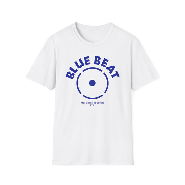 White t-shirt with blue "BLUE BEAT" text and a record label logo.