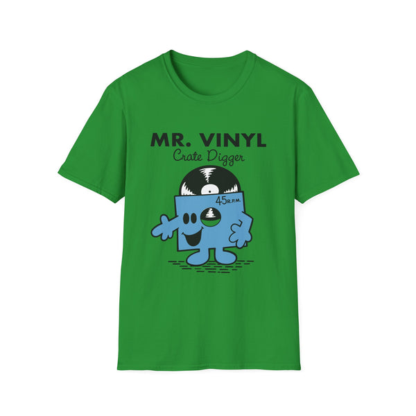 Green t-shirt with "MR. VINYL Crate Digger" text and turntable cartoon.