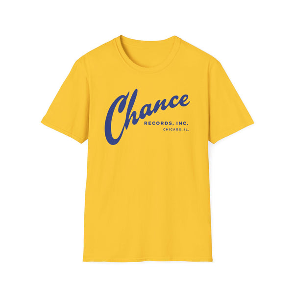 Yellow t-shirt with blue "Chance Records, Inc. Chicago, IL." logo.