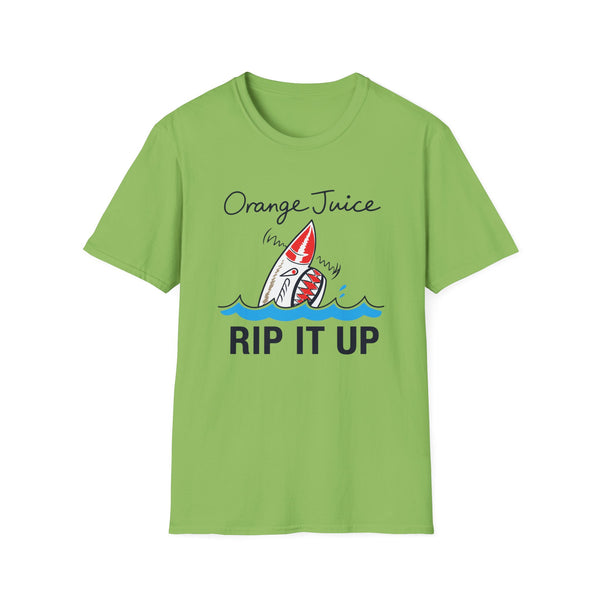 Green t-shirt with "Orange Juice RIP IT UP" text and shark graphic.