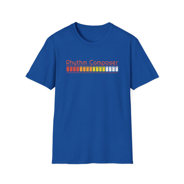 Blue t-shirt with "Rhythm Composer" text and a rhythm sequencer graphic.