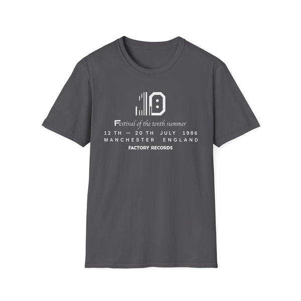 Gray t-shirt with "Factory Records Festival of the tenth summer 1986" text.