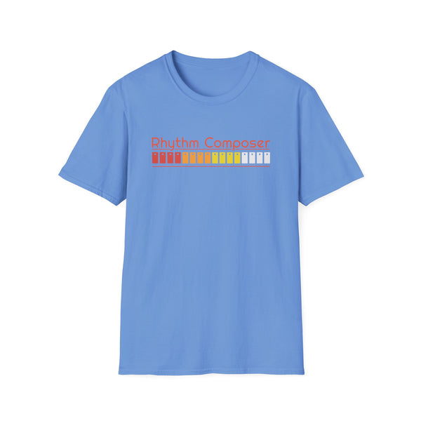 Blue t-shirt with "Rhythm Composer" text and colorful sequencer grid graphic.
