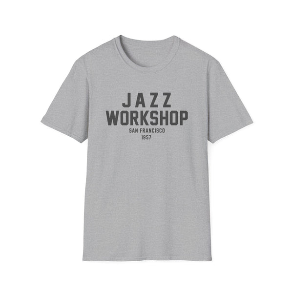 Grey t-shirt with "Jazz Workshop San Francisco 1957" text on chest.