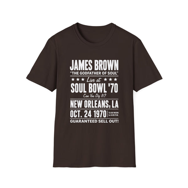 Brown t-shirt with James Brown Soul Bowl '70 concert text and details.