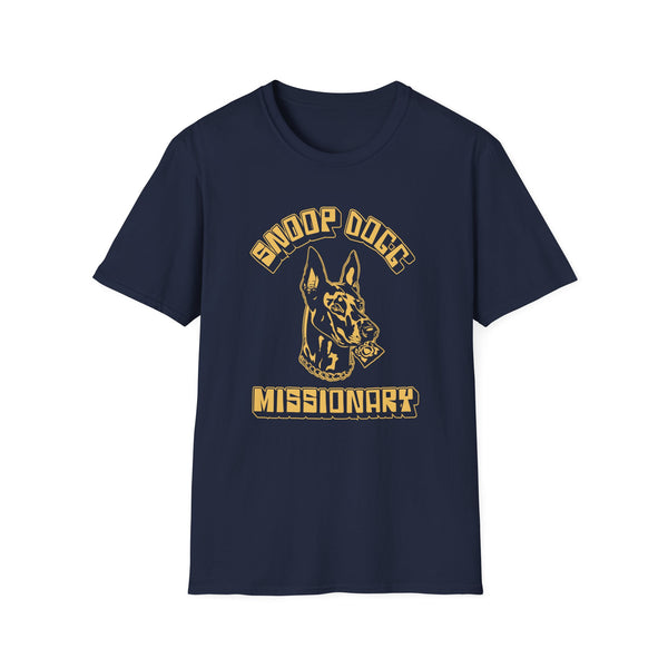 Navy t-shirt with a graphic of a dog's head and text "Missionary".