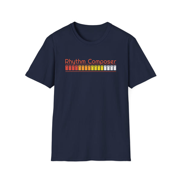 Navy t-shirt with "Rhythm Composer" text and a colored drum machine sequencer graphic.