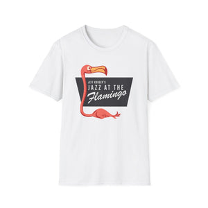 White t-shirt with flamingo graphic and "Jeff Kruger's Jazz at the Flamingo" text.