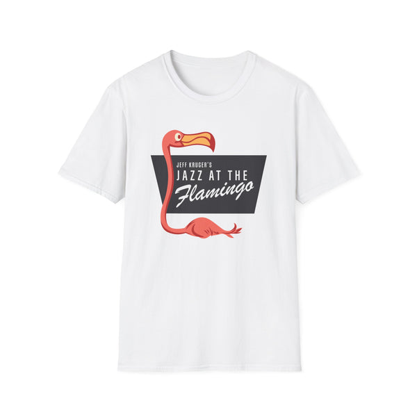 White t-shirt with flamingo graphic and "Jeff Kruger's Jazz at the Flamingo" text.