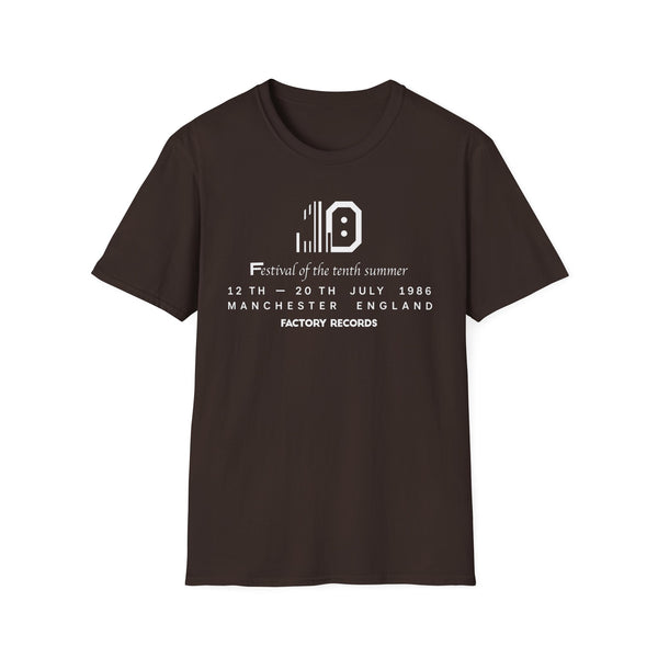 Brown t-shirt with white text: "Festival of the tenth summer 12th-20th July 1986 Manchester England Factory Records".