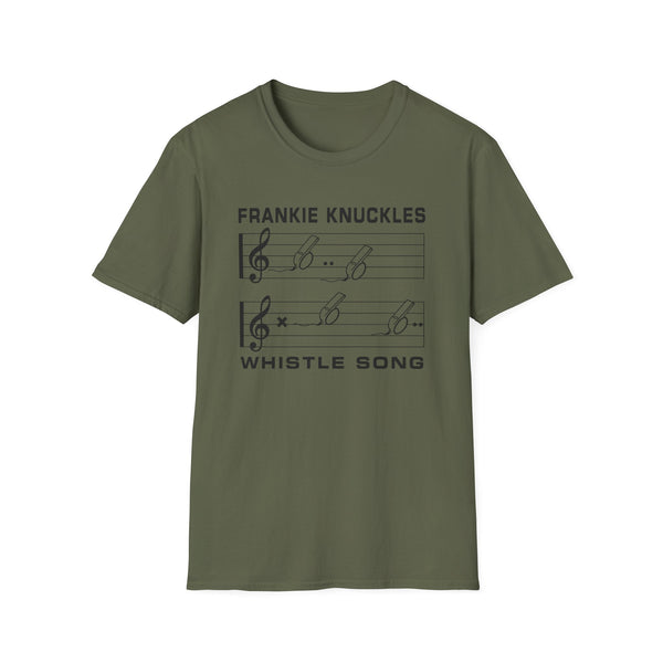 Olive green t-shirt featuring "FRANKIE KNUCKLES WHISTLE SONG" with musical notes and whistles.