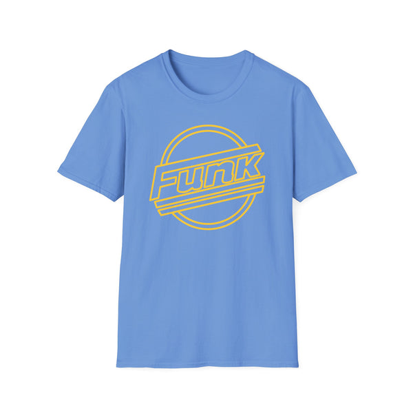 Cornflower blue t-shirt with yellow "Funk" logo in a circular design.