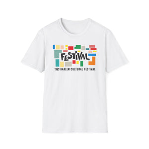 White t-shirt with colorful blocks spelling "FESTIVAL" above "1969 HARLEM CULTURAL FESTIVAL."