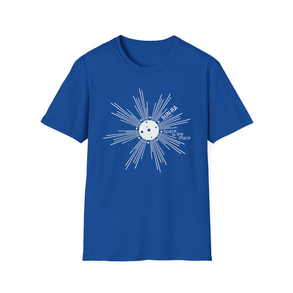 Blue t-shirt with Sun-Ra "Space is the Place" graphic in white.