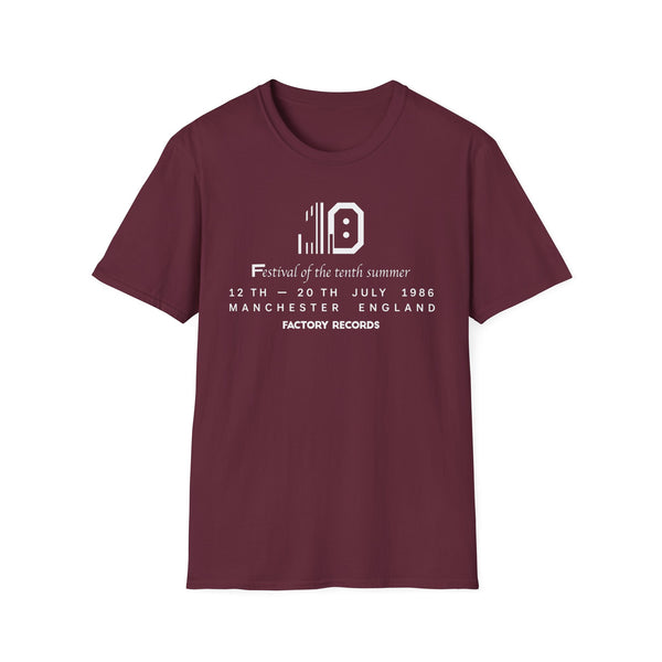 Maroon t-shirt with "Festival of the tenth summer" and "Factory Records" text.