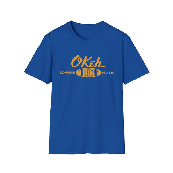 Blue t-shirt with yellow "OKeh True Tone Process" graphic.