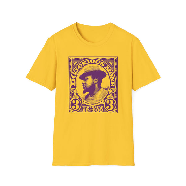 Yellow t-shirt featuring a purple graphic of Thelonious Monk with text.