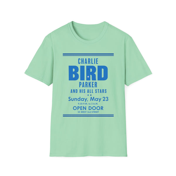 Green t-shirt featuring "Charlie Bird Parker and His All Stars" concert details.