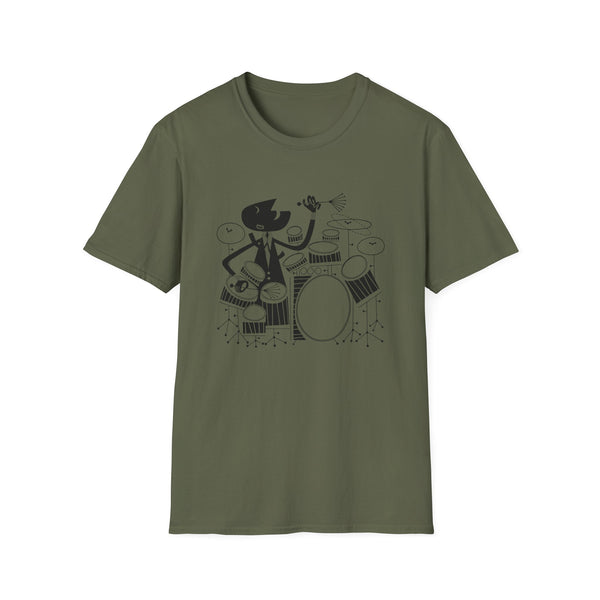Black cartoon character drummer playing a drum set on a green t-shirt.