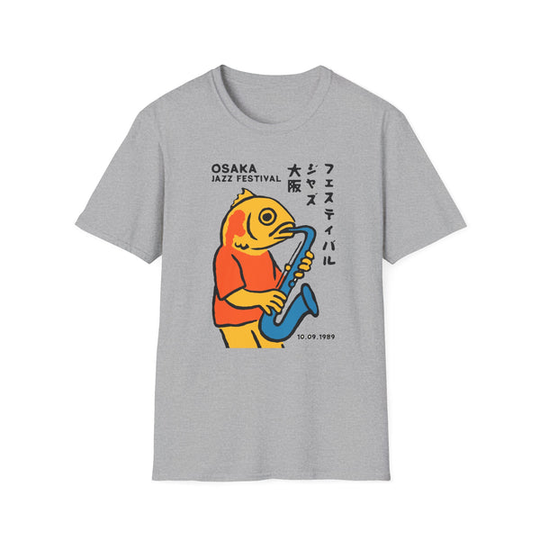 Grey t-shirt with cartoon fish playing saxophone, "Osaka Jazz Festival" text, and date.