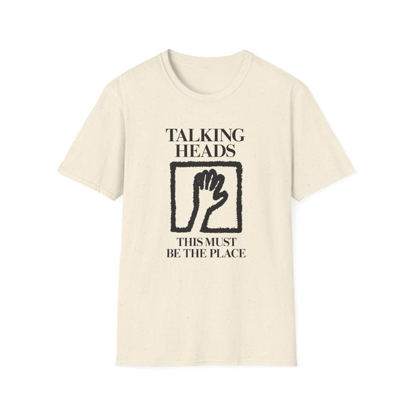 Cream t-shirt with black Talking Heads "This Must Be The Place" album art.