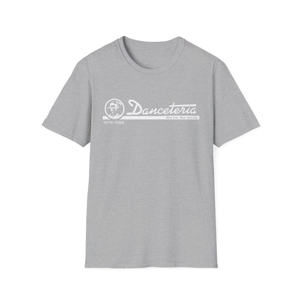 Grey t-shirt with white "Danceteria 1979-1986 30w 21st New York City" logo.