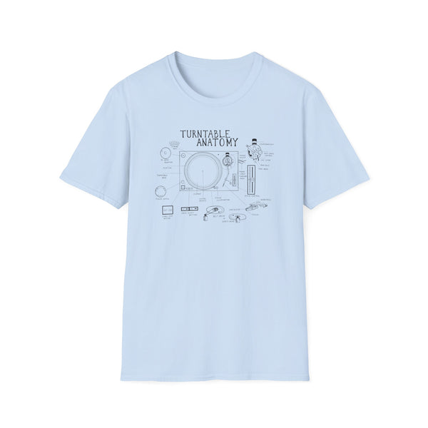 Light blue t-shirt featuring a line drawing of turntable anatomy with labels.