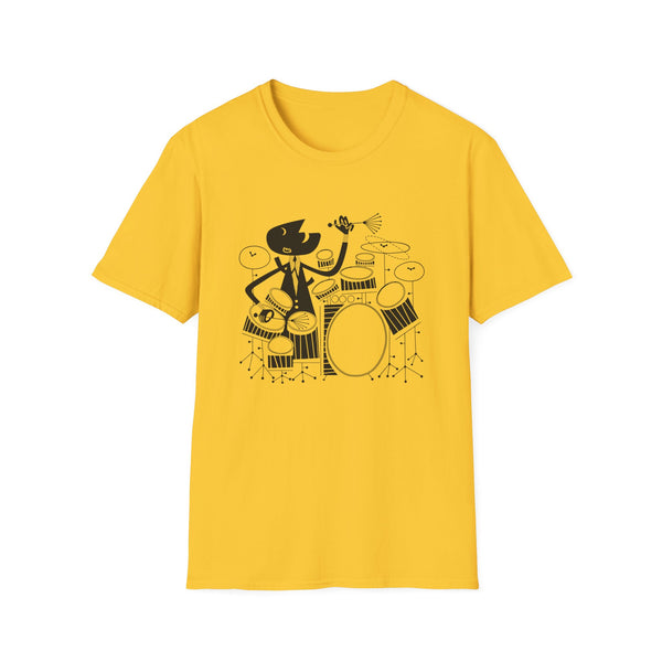 Yellow t-shirt with black graphic of a cat playing drums and blowing a horn.