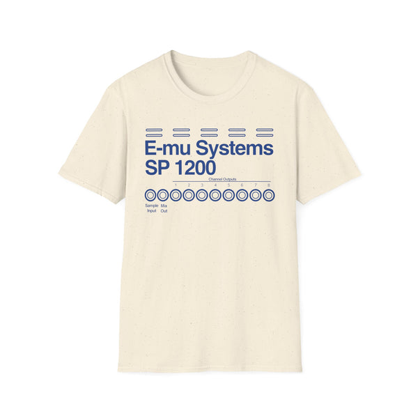 Cream t-shirt with blue E-mu Systems SP 1200 design and channel outputs.