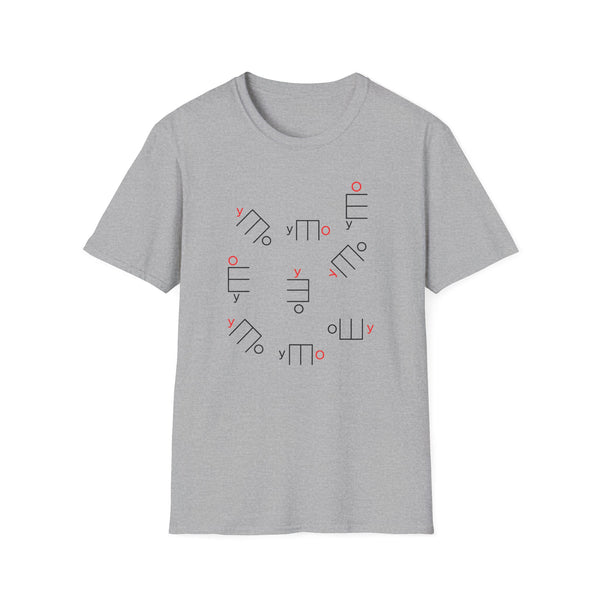 Grey t-shirt with scattered abstract black and red geometric designs including "y" and circles.