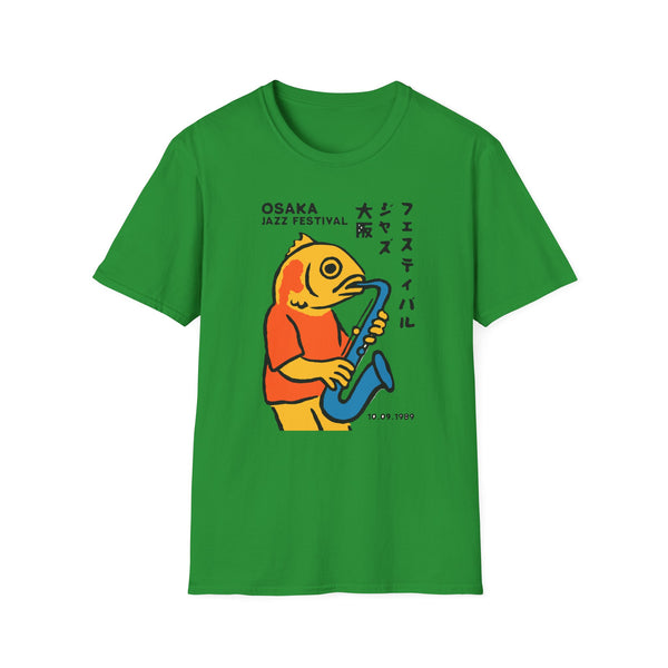 Green t-shirt with a yellow fish playing the saxophone, "Osaka Jazz Festival" text, and date 10.09.1989.