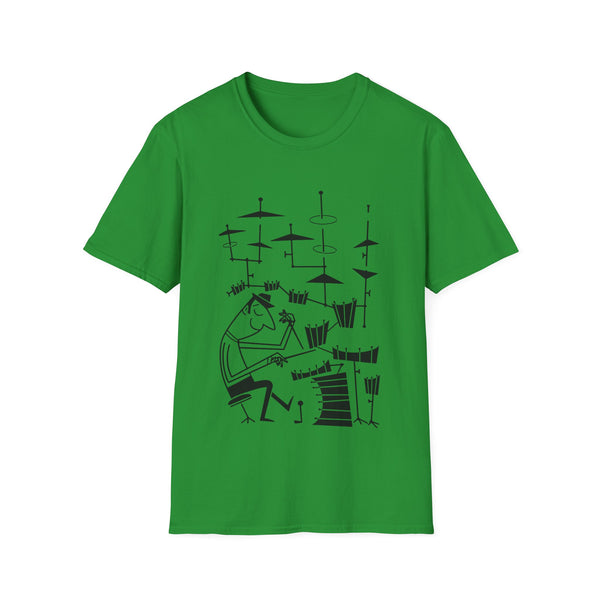 Green t-shirt with a black line drawing of a drummer playing a drum set.