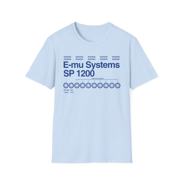 Light blue t-shirt with E-mu Systems SP 1200 logo and channel outputs.