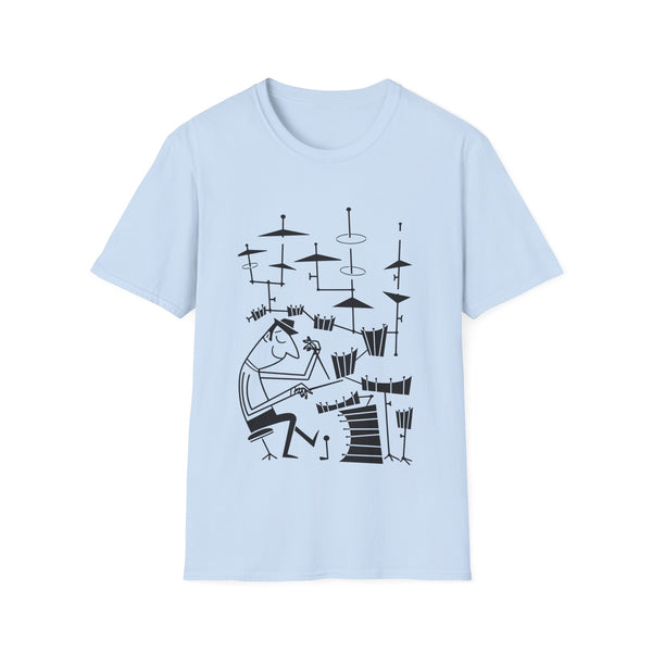 Black line art of a cartoon drummer with a drum set on a light blue t-shirt.