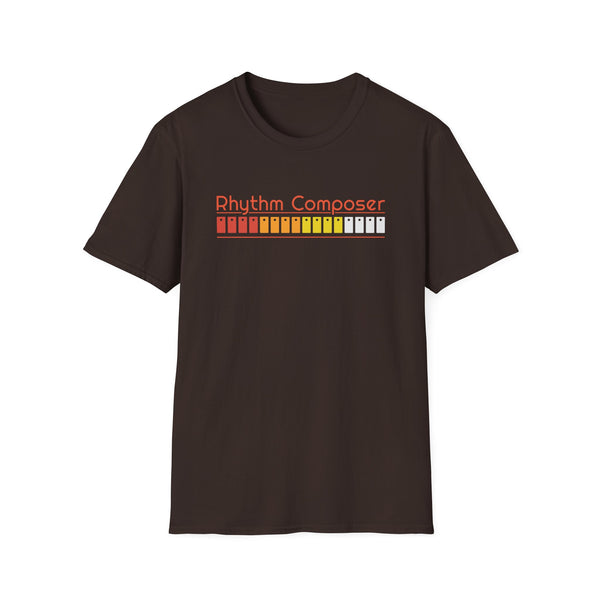 Brown t-shirt with "Rhythm Composer" text and a colored sequencer graphic.
