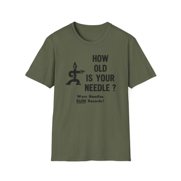 Olive green t-shirt with black text