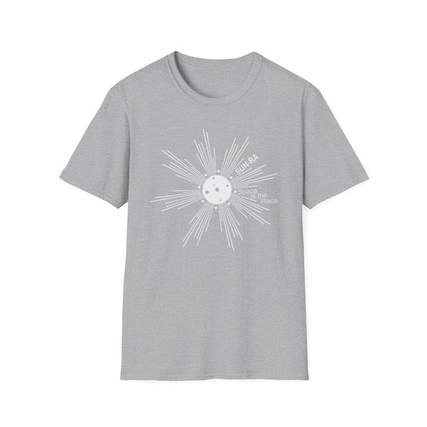 Grey t-shirt with white "SUN-RA Space is the Place" text and circular graphic.