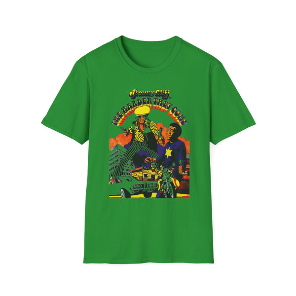 Green t-shirt with Jimmy Cliff "The Harder They Come" graphic art.
