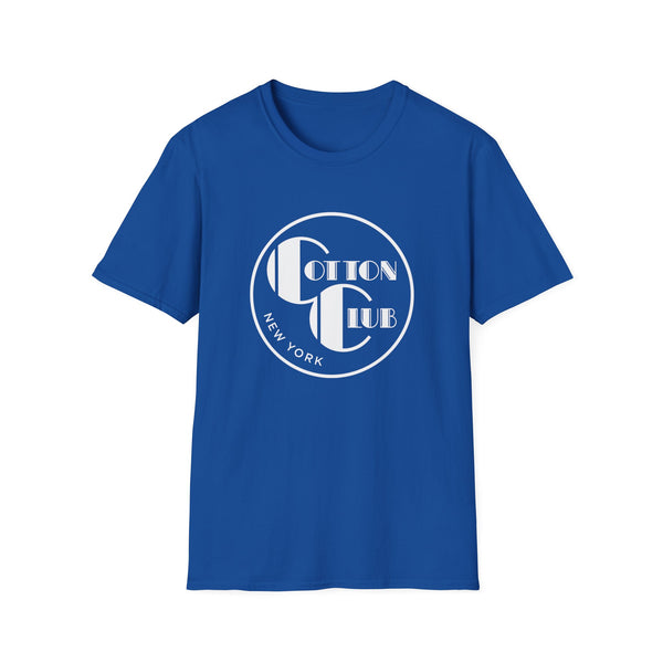 Blue t-shirt with white Cotton Club New York circular logo.