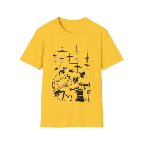 Yellow t-shirt with black graphic of a drummer and drum set.