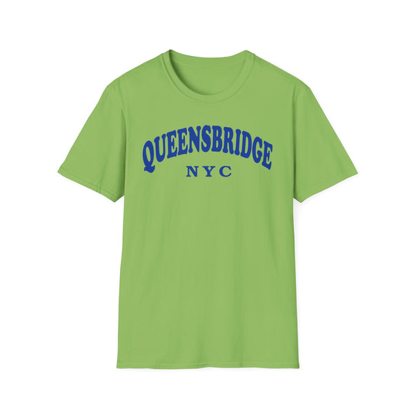 Lime green t-shirt with blue 'QUEENSBRIDGE NYC' text in a curved font.