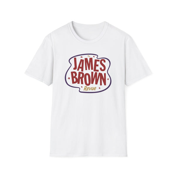 White t-shirt with "The James Brown Revue" logo in purple and red.