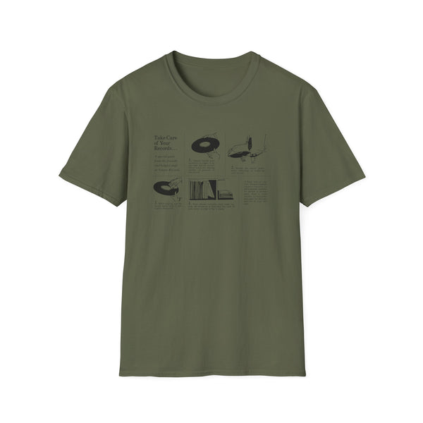T-shirt with illustrated guide on how to care for vinyl records.