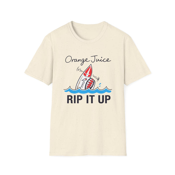 Cream t-shirt with a graphic of a shark emerging from waves, text reads "Orange Juice RIP IT UP".