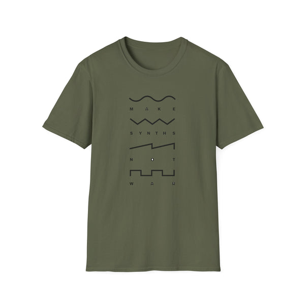 Olive green t-shirt with "Make Synths Not War" text and waveform graphics.