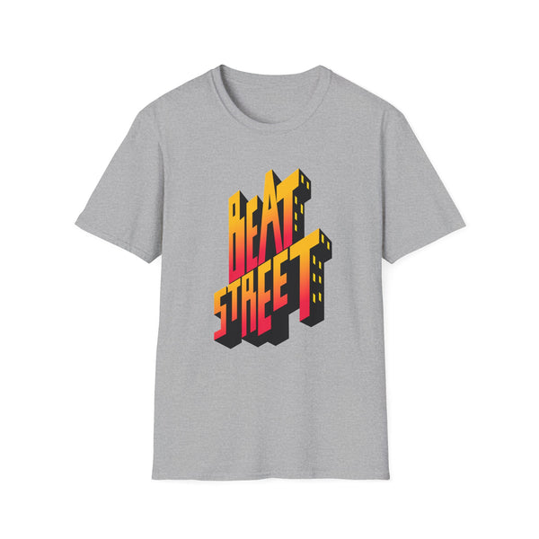 Grey t-shirt with "BEAT STREET" in 3D block lettering with city building elements.